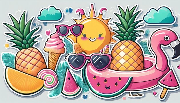 summer fun stickers pineapple flamingo sun ice cream candy