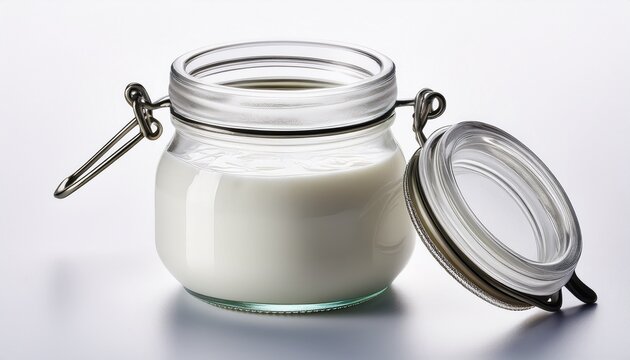 glass jar filled with fresh white yogurt isolated on white background representing healthy dairy food and nutrition concept