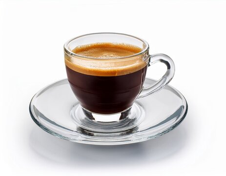 elegant glass espresso cup with rich dark coffee on saucer isolated on white background in luxury cafe style