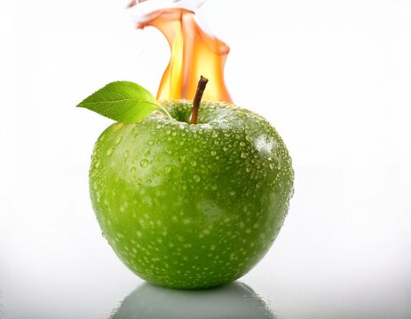 fresh green apple with water droplets and burning flame isolated on white background symbolizing health energy and creative concept