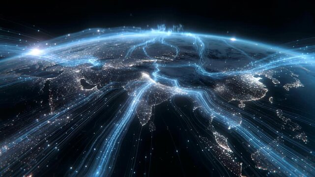 Glowing blue data streams connect continents on nighttime Earth, digital style, dark space background, symbolizing connectivity