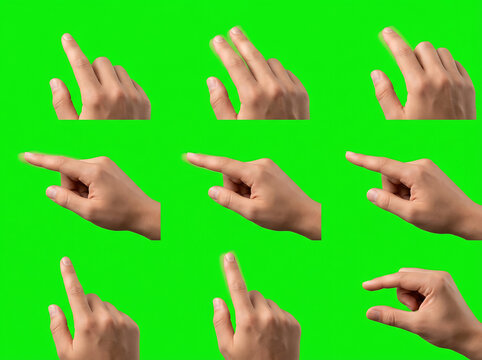 Human hand performing various touchscreen gestures on a green screen background