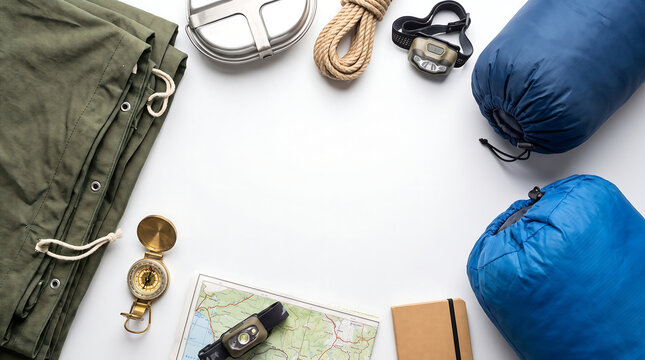 Camping gear laid out flat on a white background for outdoor adventure