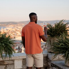 Obraz premium Man on rooftop terrace holding a wine glass overlooking city skyline at sunset for lifestyle background and banner design