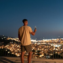 Obraz premium Man on balcony at night overlooking city lights holding a wine glass for rooftop background and travel lifestyle banner design