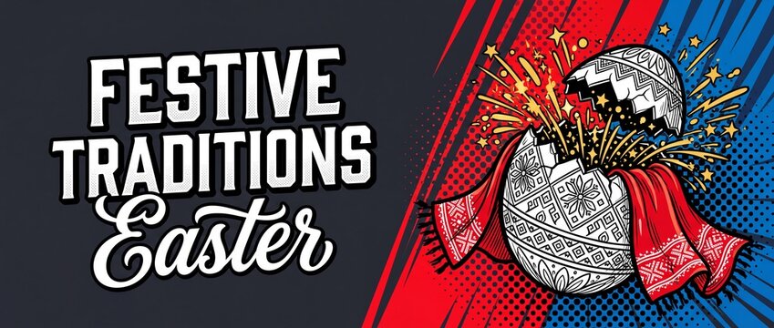 Easter banner festive traditions background featuring a comic pop art cracked pysanka egg exploding with gold stars and red traditional rushnyk towel, horizontal colorful graphic web header banner.