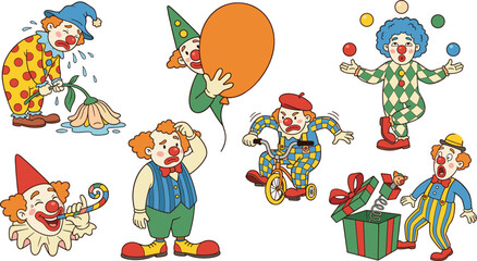 Fototapeta premium Cute cartoon clown character sticker set showing different funny circus emotions vector flat graphic illustration