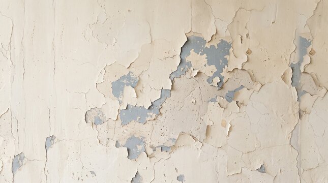 Aged wall surface with extensive peeling beige paint revealing gray concrete and deep cracks forming an intricate web of decay and texture