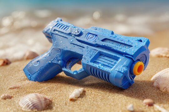 Blue water gun on sandy beach