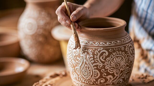Close up of a hand using a thin brush to paint white decorative patterns on a brown clay vessel