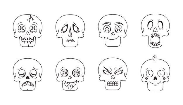 Funny cartoon skull outline stickers with cute facial expressions for festive Halloween decorations.