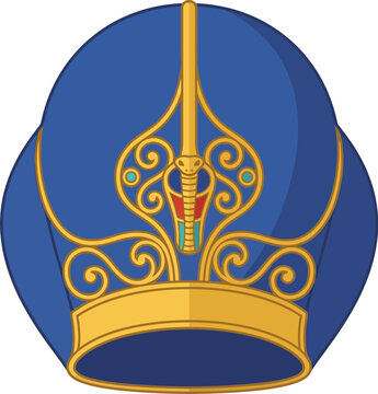 Royal blue pharaoh headdress with ornate gold filigree, central uraeus cobra symbol, and decorative red and turquoise gemstone inlays
