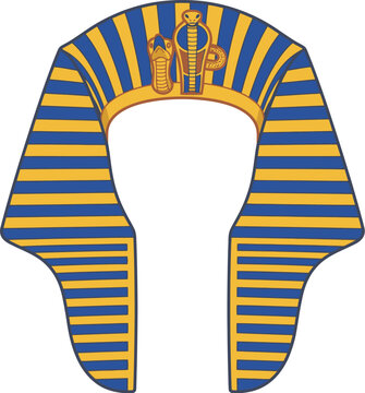 Ancient egyptian pharaoh nemes headdress with blue and gold striped pattern and uraeus cobra symbol on white background