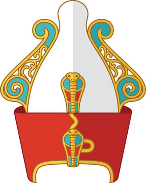 Ancient egyptian pschent double crown with uraeus cobra, featuring red and white sections with gold and turquoise accents
