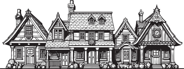 Naklejka premium A detailed black and white ink illustration showing a row of ornate victorian houses with intricate architectural roof details