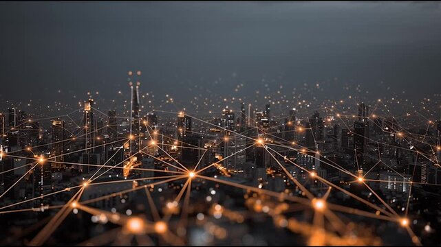 abstract cloud social media innovative cyber security network, using interconnected nodes to represent business partnerships on the Smart digital Innovation city with connection network reciprocity