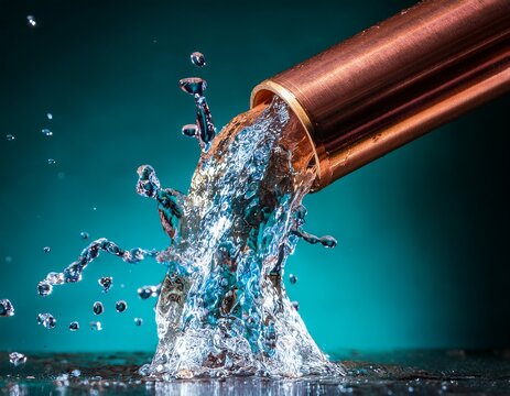 closeup water splashing from copper pipe burst dramatic teal wet blue flow dark gold drop macro fluid
