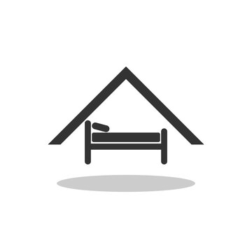 Bed in house sign icon with shadow