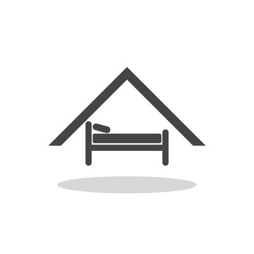 Bed in house sign icon with shadow