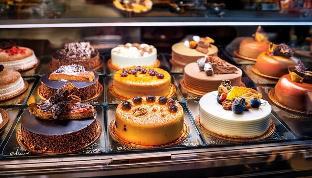 small cakes on display at the patisserie counter
