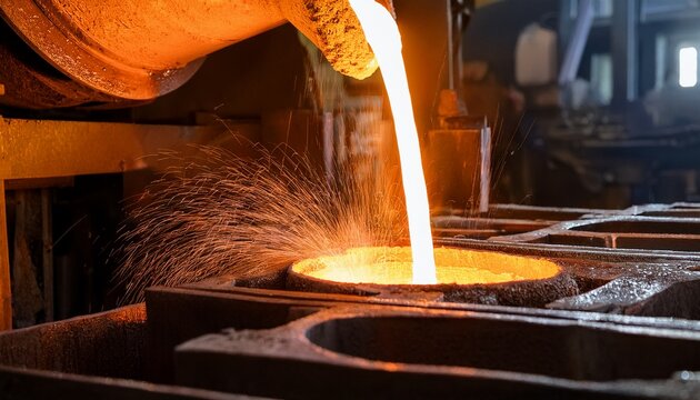 a close up of molten metal being poured into molds in a foundry showing the formation of industrial alloy