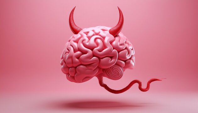 a pink brain with devil horns and tail floats in the air on a pink background