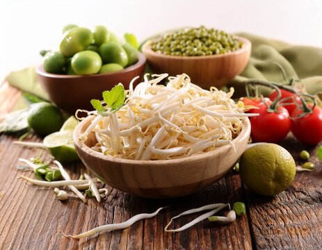 mung bean sprouts in bowl with fresh healthy ingredients
