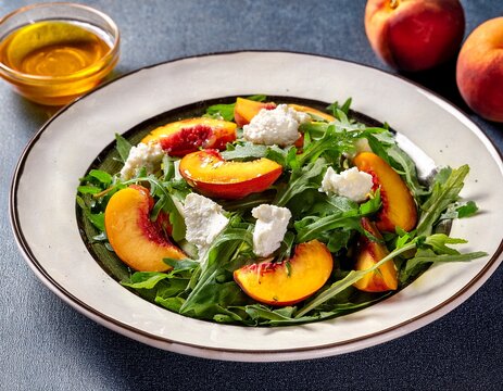 arugula peach salad with goat cheese and dressing