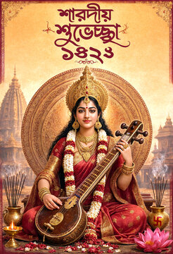 Beautiful goddess Saraswati playing veena in traditional attire with golden jewelry and lotus background