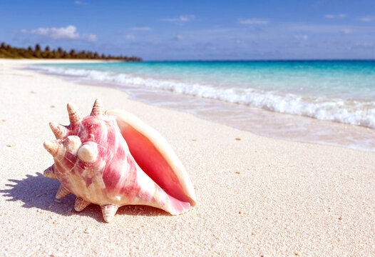 Beautiful pink conch shell resting on pristine white sandy beach with turquoise ocean waves in the background