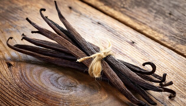 a bundle of vanilla beans rests on a weathered wooden surface