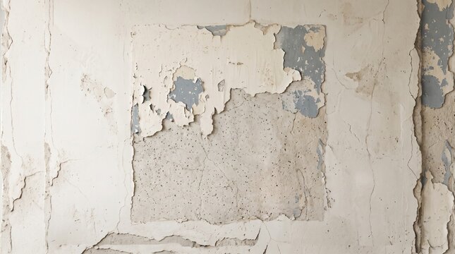 Rectangular section of a wall with peeling beige paint revealing a smooth gray concrete patch surrounded by rough weathered plaster and cracks
