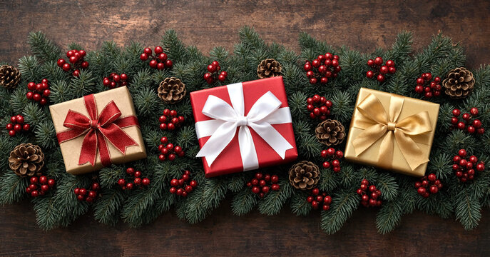 Beautifully wrapped christmas gifts with pine branches red berries and pinecones on wooden table festive holiday decoration