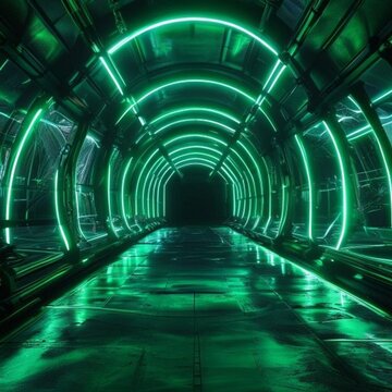 futuristic bio-dome interior empty with glowing neon green and cyan, photorealistic, clean energy concept, empty background