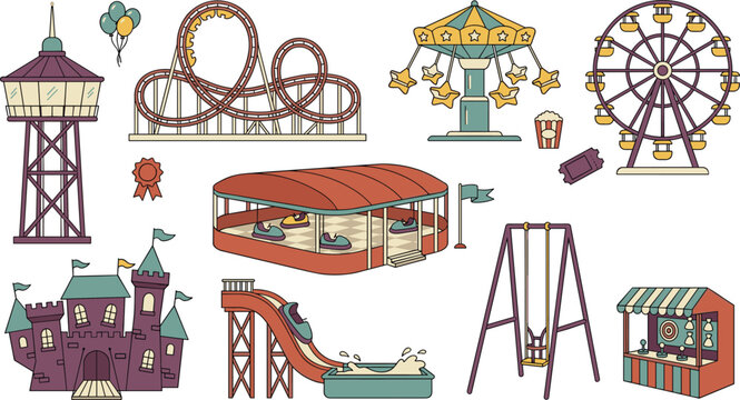 Amusement park elements vector set with roller coaster ferris wheel and carousel isolated on white