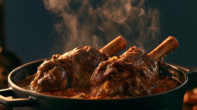 Braised lamb shanks in rich sauce served hot with rising steam.