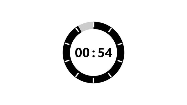 Minimal Countdown Timer Animation with Circular Progress Ring and Digital Seconds Display from 60 to 00 on Clean White Background for Time Management and Interface Design