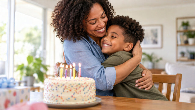 Mother hugging her child during a birthday celebration