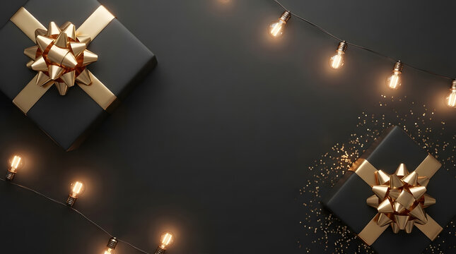 Luxury black gift boxes with golden ribbon bows and glowing string lights on dark background for black friday holiday sale banner.