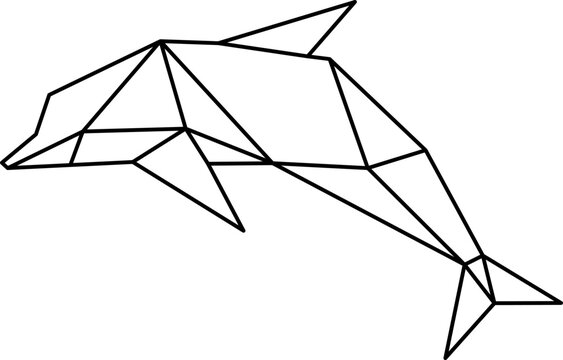 Low poly dolphin line art with geometric triangular facets and sleek marine silhouette. Minimal black outline creates a modern aquatic symbol. Ideal for logos, posters, branding, and ocean design.