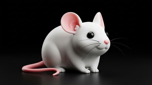 A cute 3d rendered white mouse with pink ears and a long tail, sitting against a solid black background, minimalist character design for digital art