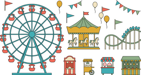 Amusement park vector collection featuring a large ferris wheel carousel roller coaster popcorn cart and festive bunting flags © MstLaky