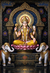 Fototapeta premium Goddess Lakshmi seated on lotus with elephants in ornate golden temple setting traditional Hindu art