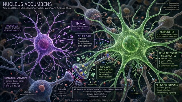 Scientific rendering of microglia and astrocytes interacting in the nucleus accumbens background showing glial-neuronal crosstalk and glutamate dysregulation via tnf-alpha