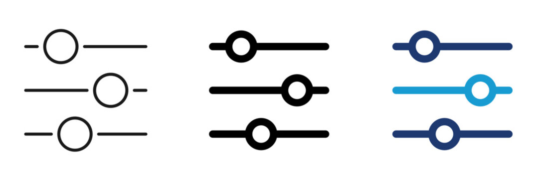 Adjustment controls icon set. Settings, slider, filter, option. Flat and Line style collection.