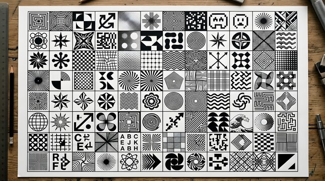 Grid of diverse monochrome geometric pattern icons on paper sheet with graphic design geometric abstract