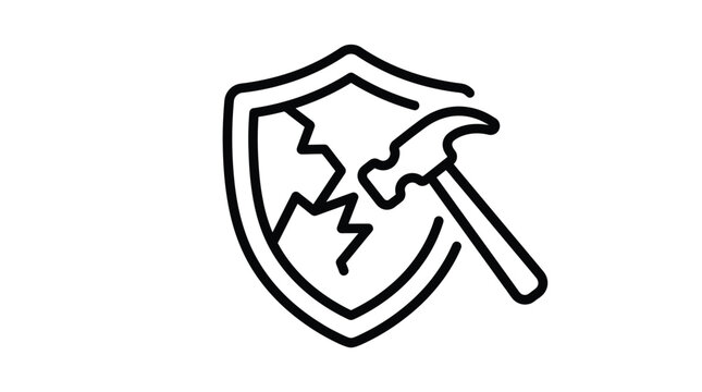 Minimalist vector illustration showing a heavy hammer striking and breaking a protective metal security shield icon