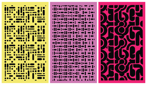A set of three colorful abstract backgrounds featuring dynamic geometric patterns in shades of yellow magenta and pink