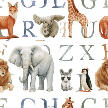 Watercolor seamless pattern of alphabet letters combined with animals on a clean white background, soft illustrative style