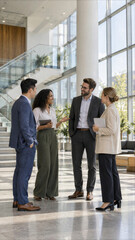 Obraz premium Business team talking in a bright office corridor